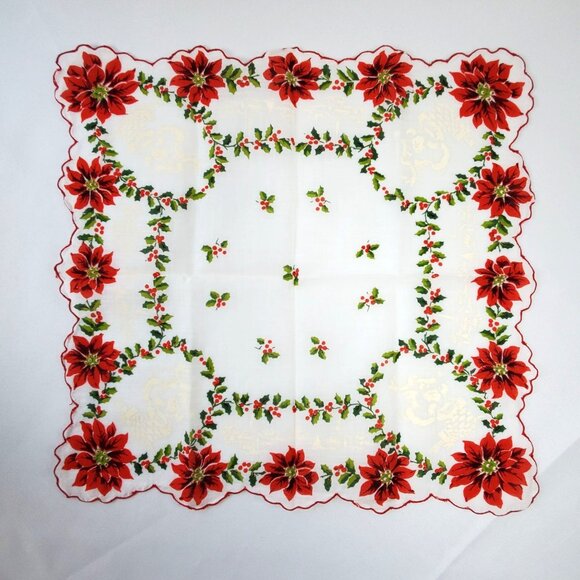Vintage Christmas Poinsettia & Holly Handkerchief 13"x13" Square Cotton - Picture 7 of 9